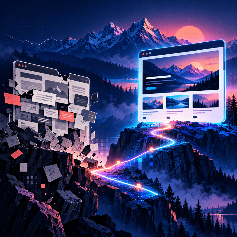 An outdated website transforming into a modern design against neon-lit mountains